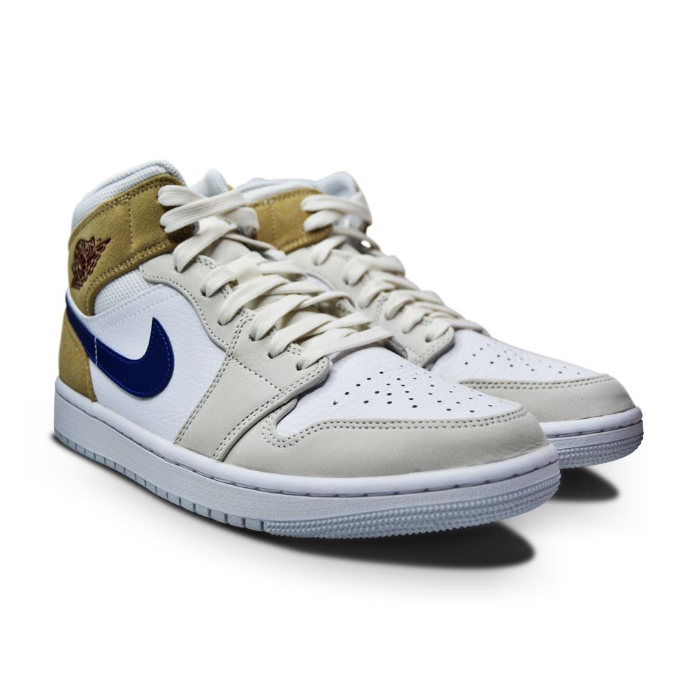 Mens Nike Air Jordan 1 Mid MeM2 - DO6726 100 - White Blue Void Team Red Khaki-Mens-Nike-sneakers Foot World